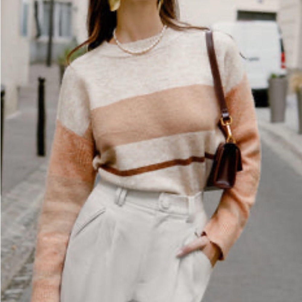 Petite Studio Women's Striped Sweater - Cream and Brown